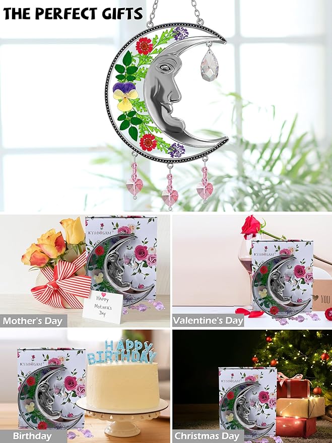 KY&BOSAM Crystal Sun Face Moon Suncatchers Gifts for Mom Family Friends Stained Glass for Windows Wind Chimes Real Flower Colorful Crystal Outdoor for Garden Indoor Home Trees Patio Yard Porch Decor