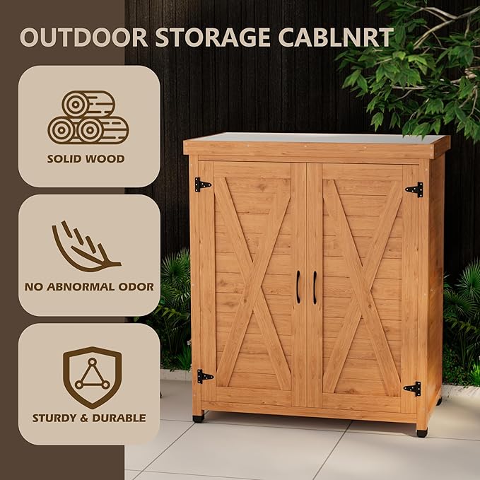 Outdoor Storage Cabinet Garden Potting Bench Table with Metal Tabletop, Solid Wood Planting Work Bench Table for Backyard Patio Lawn, 31×18×36" (Wood)