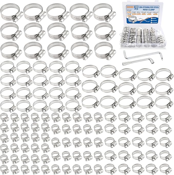130 PCS Hose Clamp Assortment Kit 304 Stainless Steel Hose Clamps Adjustable 1/4"-1-1/2"(6-38mm) Worm Gear Clamps for Fuel Line, Plumbing, Automotive, Pipe, Tube, Radiator, Garden