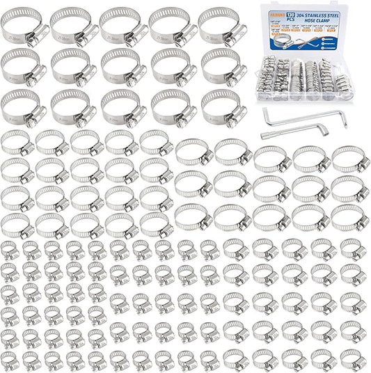 130 PCS Hose Clamp Assortment Kit 304 Stainless Steel Hose Clamps Adjustable 1/4"-1-1/2"(6-38mm) Worm Gear Clamps for Fuel Line, Plumbing, Automotive, Pipe, Tube, Radiator, Garden