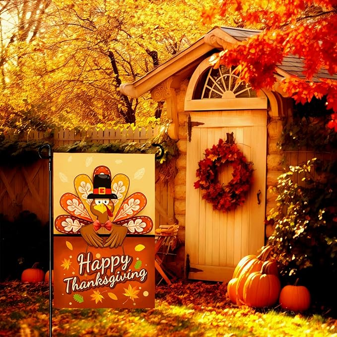 Happy Thanksgiving Garden Flag Turkey Thankful Fall Yard Flag Autumn Happy Harvest Garden Flags Double Sided Yard Decorations Holiday Outdoor Flag 12x18 Inch