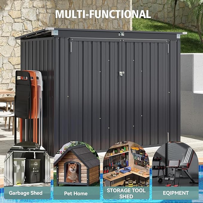 80 Cu. Ft Outdoor Trash Can Shed with Pneumatic Support Rod, 5x3 Ft Outdoor Storage Shed w/Lockable Doors & Waterproof Lid Chain, for Patio/Garden/Backyard