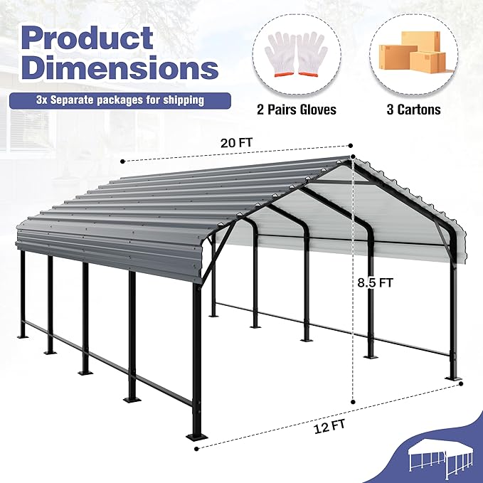 JY QAQA 12 x 20 FT Heavy Duty Metal Carport Canopy with Galvanized Steel Roof, Outdoor Car Tent Metal Garage Shelter for Car, SUV, Trucks and Boats