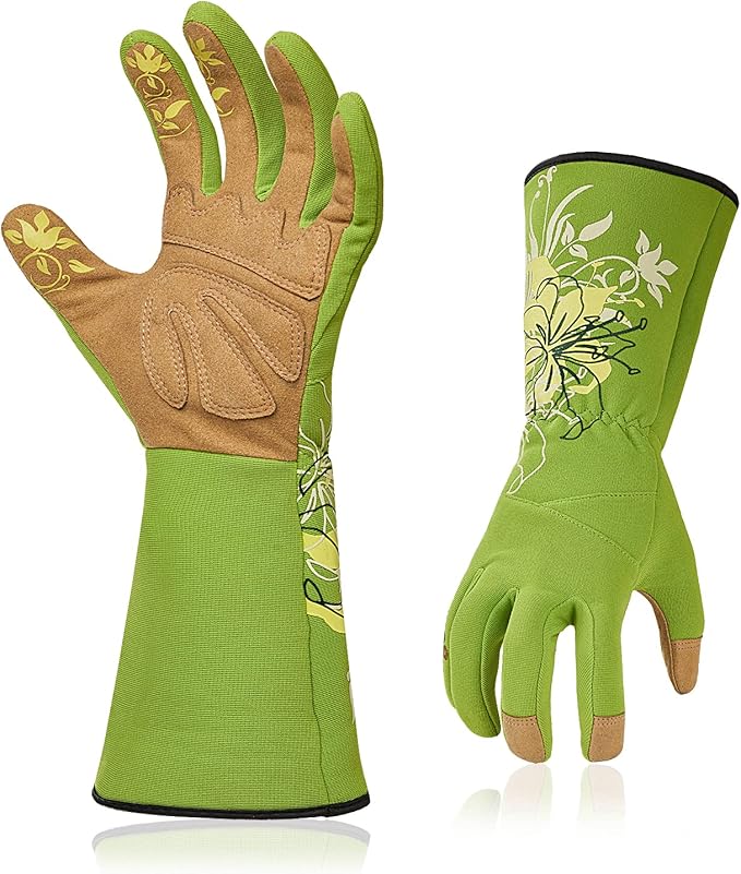 Vgo 1-Pair Ladies' Synthetic Leather Gardening Gloves, Long Sleeves Gauntlet, Breathable & Grip Work Gloves, High Dexterity, Washable (Size M, Green, SL7445)