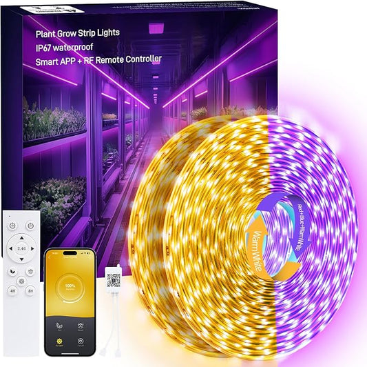 LED Grow Light Strips, 100FT APP Control IP67 Waterproof, 24W Full Spectrum, Auto ON&Off 4/8H Timer, 2.4G Remotely,10 Dimmable Levels for Indoor Plant Growing (Red Bulb WW)