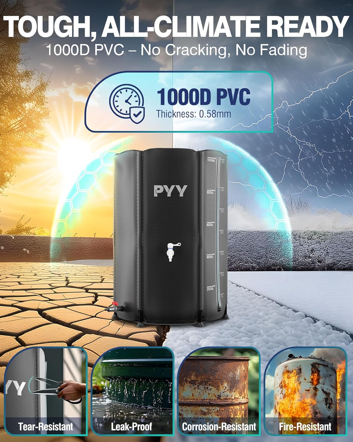 PYY Rain Barrel - 100 Gallon Water Storage Tank with Spigots, Portable Rain Catcher to Collect Rainwater from Gutter, Large Plastic Rain Catchment System with Collapsible Bucket, Black