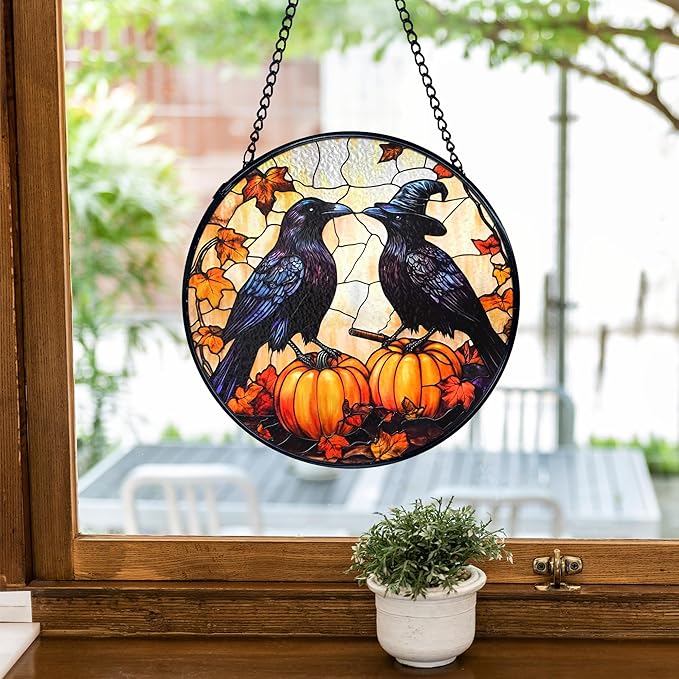TNUW Halloween Fall Black Raven Stained Glass Window Hanging, Gothic Witchy Crow Pumpkin Sun Catchers Indoor Window Glass Round Wall Art Decor, Halloween Fall Wall Hanging Decorations, 7.9＂x7.9＂