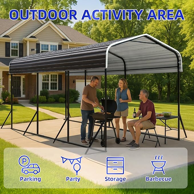 10x15 Metal Carport with Base Fixings Heavy Duty Garage Outdoor Chrome Plated Frame and Sheet Metal Construction Suitable for Boats, Cars, Tractors and Agricultural Equipment, Dark Gray