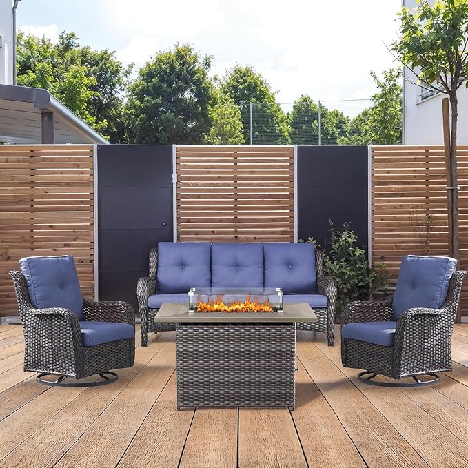 4 Piece Patio Furniture-with 50,000 BTU Gas Propane Fire Pit Table Outdoor Patio Furniture with Swivel Rocker Chairs,Outdoor Couch