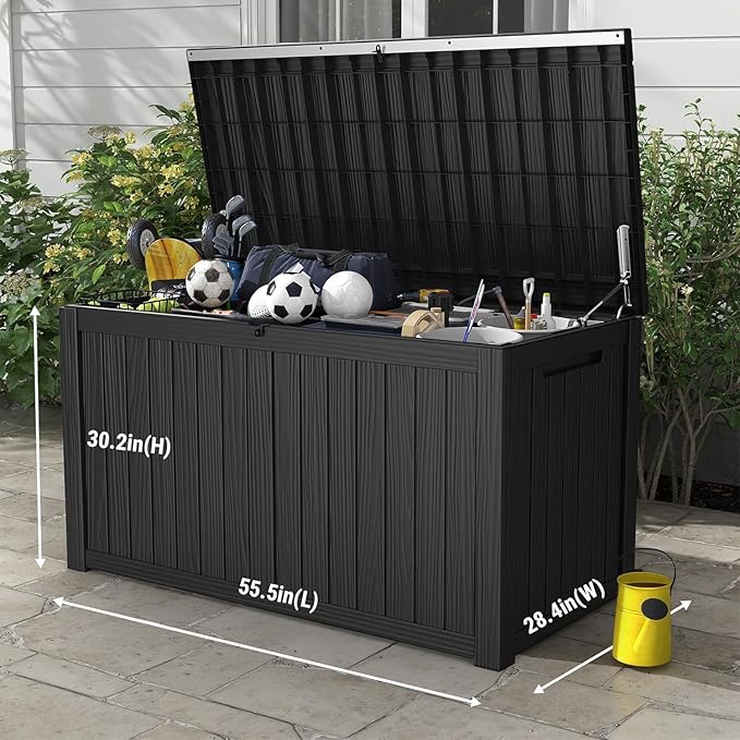 Mars Villa 180 Gallon Outdoor Storage Box, Large Waterproof Resin Deck Box for Patio Furniture Cushions, Pool Supplies, Gardening Tools, Lockable Storage Container, Weatherproof, UV Resistant, Black