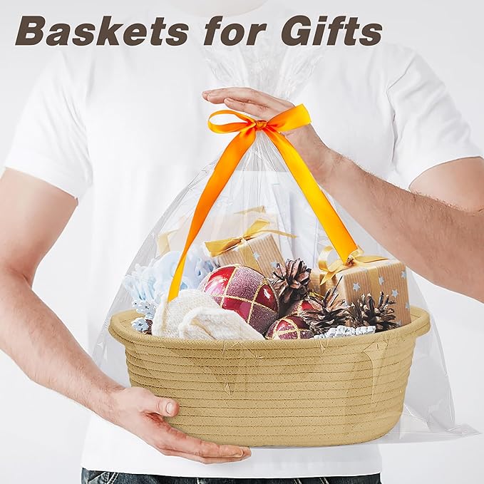 Pro Goleem Small Woven Basket with Gift Bags and Ribbons Durable Baskets for Gifts Empty Small Rope Basket for Storage 12"X 8" X 5" Baby Toy Basket with Handles, Khaki