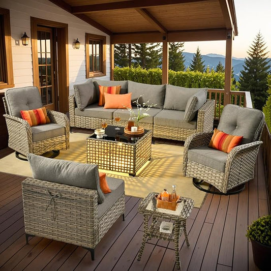 Outdoor Sectional Patio Furniture Set with Swivel Rocking Chairs and Glowing Table,8 Pieces Wicker Conversation Sets L Shaped Couch Out Door Sofa Outside Furniture for Garden Deck Yard Porch,Dark Grey