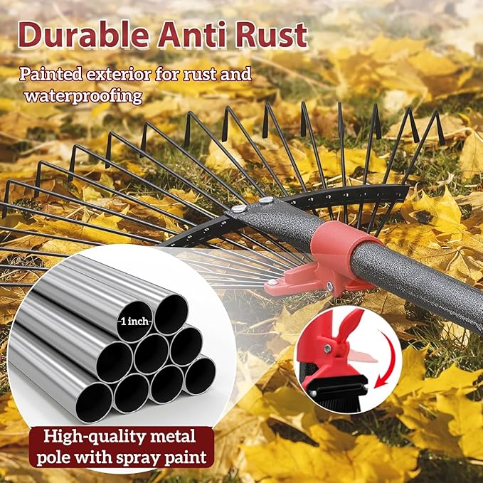 76 Inch Rake for Leaves, Adjustable 18 Metal Tines with Expandable Head Garden Rakes for Lawns Heavy Duty Metal Rake for Leaves Yard Gardening Grass Outdoor Debris