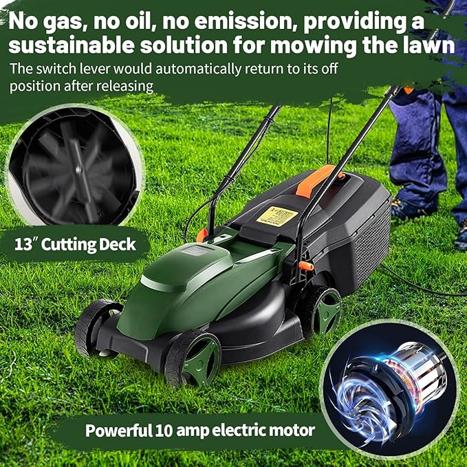 Goplus Lawn Mower, Electric Lawn Mowers with Grass Collection Box, 10 AMP Motor, 13" Cutting Deck, 3 Adjustable Cutting Positions, Walk-Behind Small Corded Lawnmower for Garden Farm Yard