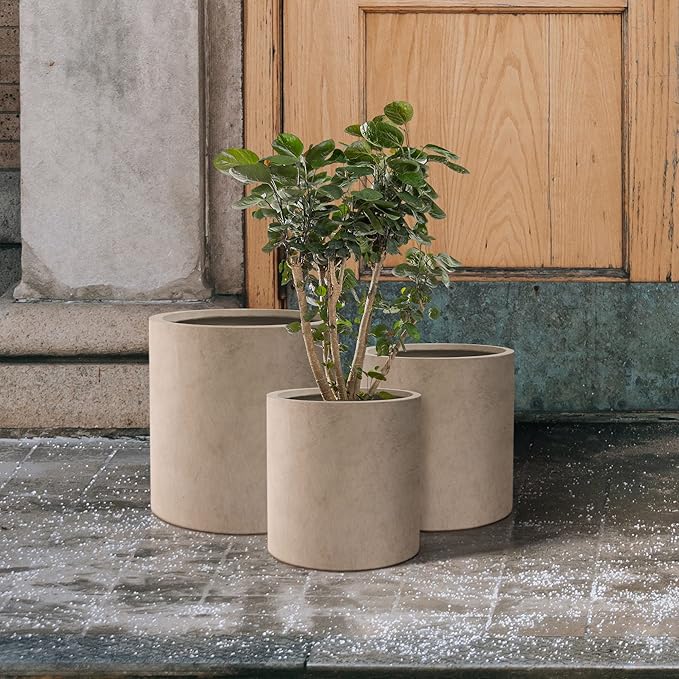 Kante 9.8",12.6",15.7" Dia Round Concrete Planter Set of 3, Modern Design Large Cylindrical Plant Pot with Drainage Hole for Indoor Outdoor Plants, Patio, Garden and Home, Weathered Concrete