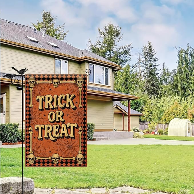 Halloween Garden Flag Trick or Treat Skulls Spider Webs Flag 12x18 Inch Double Sided Outdoor Yard Banner for Halloween Haunted House Spooky Trick or Treat Decoration Decor