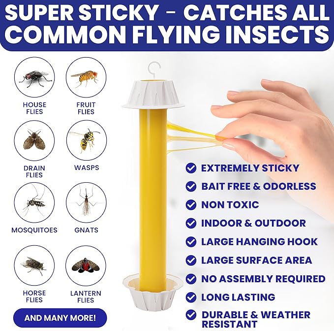 Fly Stick Sticky Fly Traps for Indoors Outdoor 6pk. Non-Toxic Super Sticky Hanging Flies Catcher Paper Tape Strips for Home. Catches All Bugs and gnats. Indoor Outdoor House Flying Insect Trap
