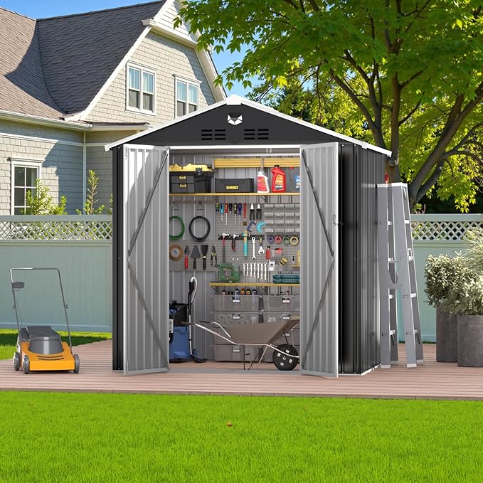 8X6 FT Outdoor Storage Shed, Metal Garden Shed - Tool Storage Sheds with Lockable Doors, Waterproof Outside Storage Building for Backyard, Patio (Black; Floor Not Included)