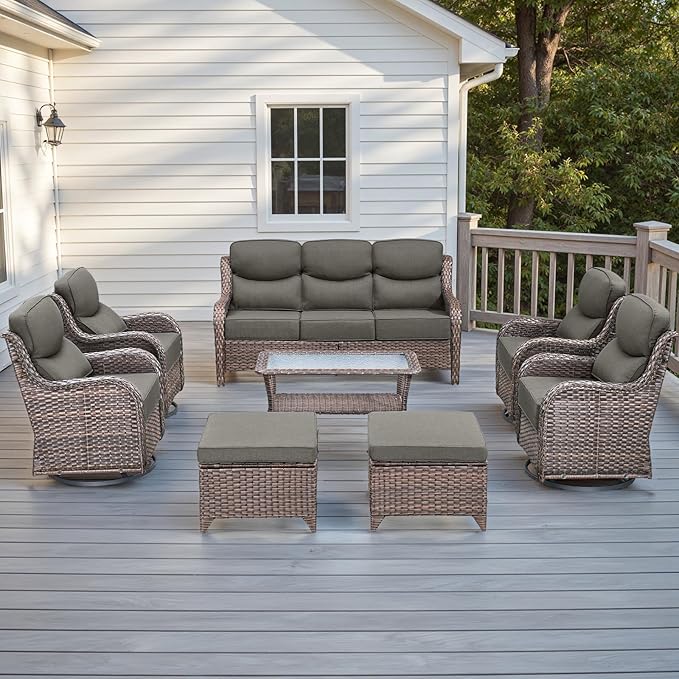 Wicker Outdoor Patio Furniture Set - 8 Piece Patio Conversation Sets with Swivel Rocker Chairs, Ottomans, Sofa and Table, 6 inch Cushions, Deep Seating, for Porch Deck Brown/Grey