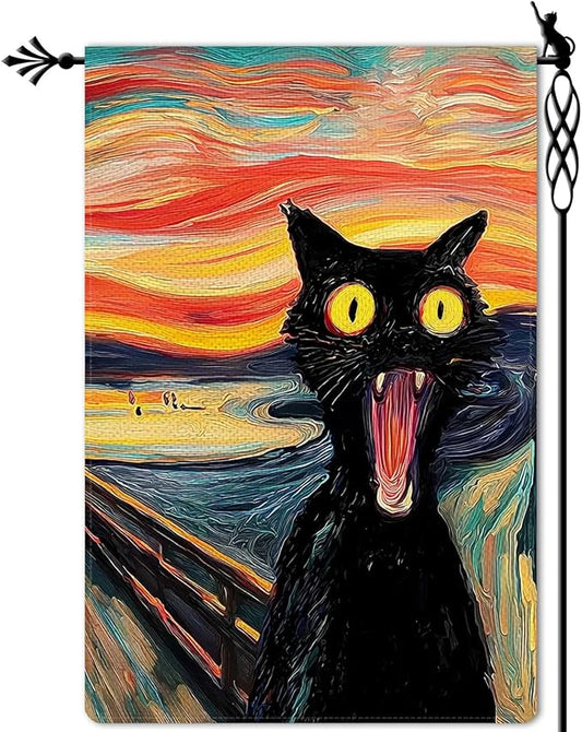 Scream Black Cat Garden Flag Halloween Garden Flag Vertical Double Sided Rustic Farmland Burlap Yard Lawn Outdoor Decor 12.5x18"