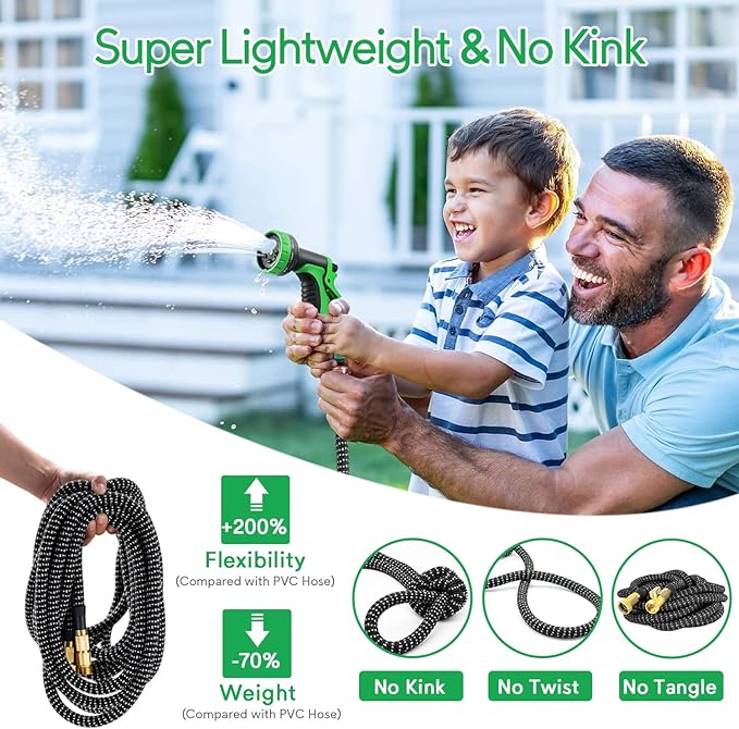 100 ft Expandable Garden Hose, 2025 New No Kink Flexible Water Hose 100ft, 10 Pattern Spray Nozzle, Leakproof Solid Brass Fittings, Reinforced Durable Latex Core, Ultra Lightweight & No Tangle
