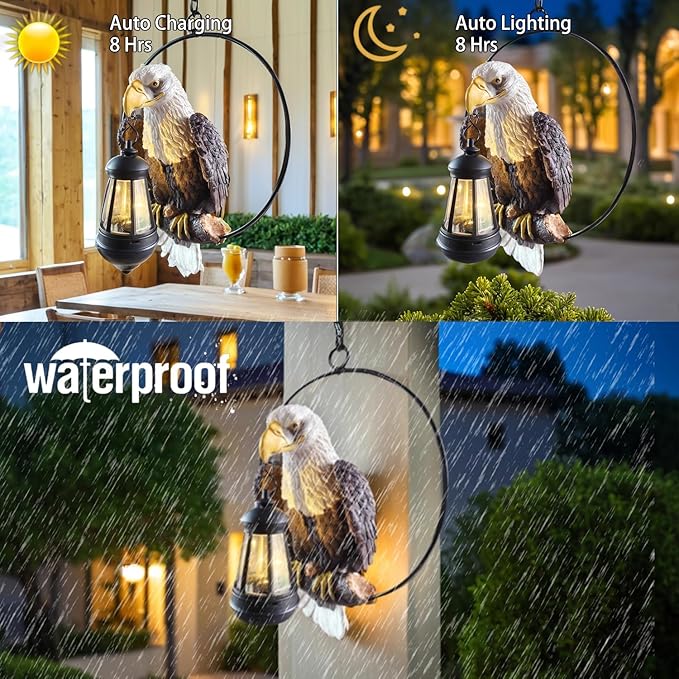 American Bald Eagle Statue with Solar Light - 11.81-inch Yard Art Resin Bald Eagle Decoration,for Patio, Garden, Lawn,Bald Eagle Gifts for Men