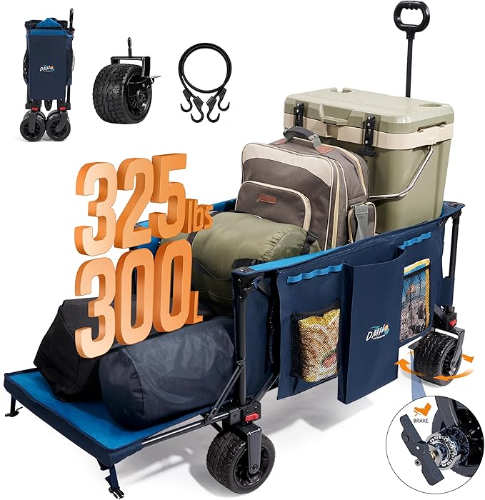 53.5" Extra Long Collapsible Wagon with Tailgate, 325lbs Heavy Duty Utility Folding Cart with All-Terrain 8"x 4.25" Big Wheels and Brakes, Foldable Beach Wagon for Garden Sports Camping Shopping