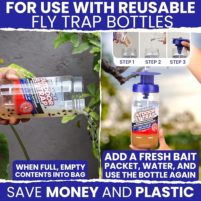 Fly Bait Fly Trap Refill Packets 6x1oz. Non Toxic Dissolvable Granules Work with All Reusable Flies Traps Outdoors Attractant. Flies Trap Bait Magnet Ranch Flytrap Outdoors. Cebo para Moscas