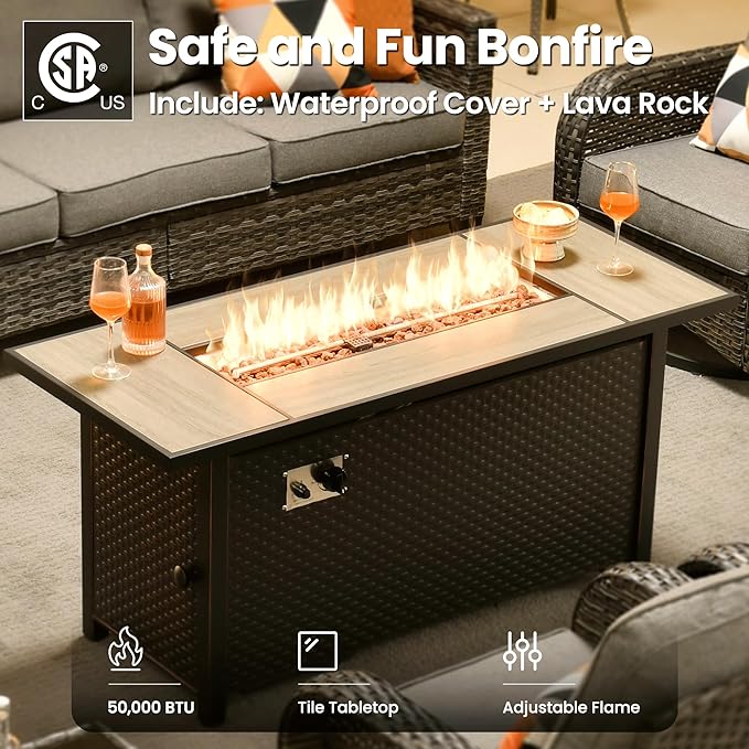 ovios 9 Pieces Patio Furniture Set, Outdoor Wicker Sofa Couch with Rocking Swivel Chairs Fire Pit Table, Modern Deep Seat Rattan Conversation Sets for Porch Deck, Dark Grey