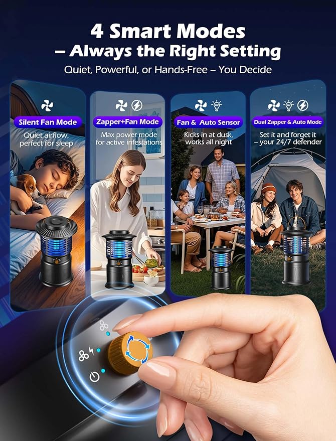 4-in-1 Mosquito Trap & Bug Zapper, Portable Rechargeable Fly Zappers with 10000mAh Battery, Bug Zapper Indoor with Silent Wind Suction, Auto On/Off Zapper Outdoor