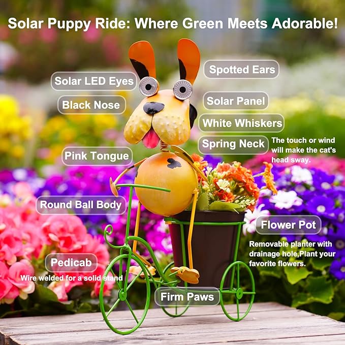 14”Solar Bike Dog Statue Lights Outdoor Metal Yard Art, Funny Bicycle Plant Stand for Garden Patio Decor Lawn Ornaments,Gift for Dog Lovers