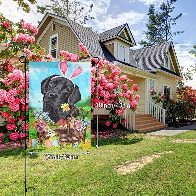 Labrador Dog Lab Black Flower Egg Happy Easter Garden Flag Welcome Party Outdoor Outside Decorations Picks Home House Garden Yard Decor 12x18 Inch