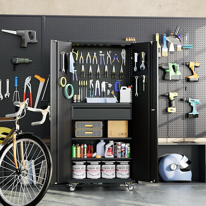 71" H Garage Storage Cabinet with Wheels and Doors,Metal Tool Storage Cabinet with Pegboard and Drawer for Garage Warehouse Home,Required Assembly,Black