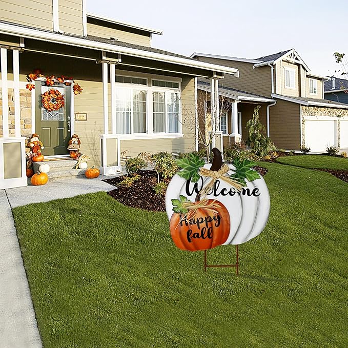 Metal Yard Pumpkin Fall Stakes Decorative Standing Garden Welcome Signs Lawn Stake Outdoor Autumn Harvest Halloween Thanksgiving Decor Pumpkins Pathway Decoration (White)