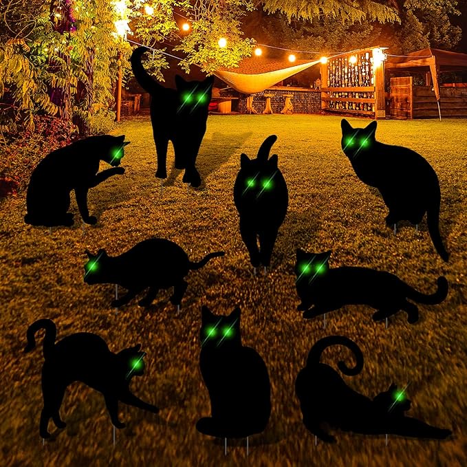 Blulu 9 Pcs Halloween Decorations Outdoor Black Cat Yard Signs with Stakes Scary Silhouette with Glow in The Dark Eyes Corrugated Plastic Waterproof Black Cat Decor for Garden Lawn Patio (Cats)