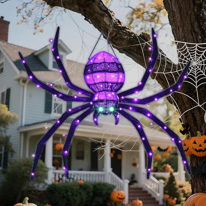 HOYECHI Halloween Decorations Outdoor Hanging Spider - 4.2FT Giant Climb The Wall Spider Halloween Decor, Light Up Spider with 90 LED Lights, for Front Yard Porch Roof Party Outside - Black