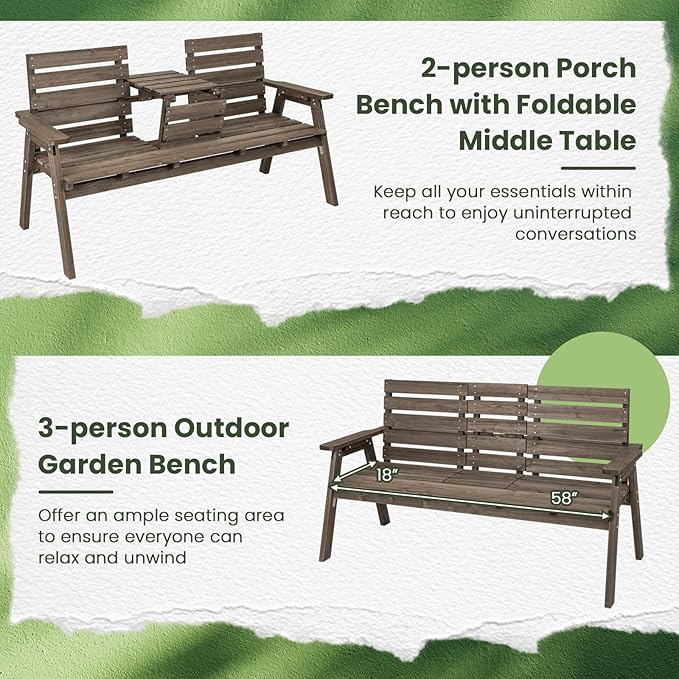 Tangkula Outdoor Fir Wood Bench with Foldable Middle Table, 2-3 Person Garden Bench with Backrest and Armrests, 710 lbs Weight Capacity, Slatted Seat Bench for Porch, Patio, Backyard