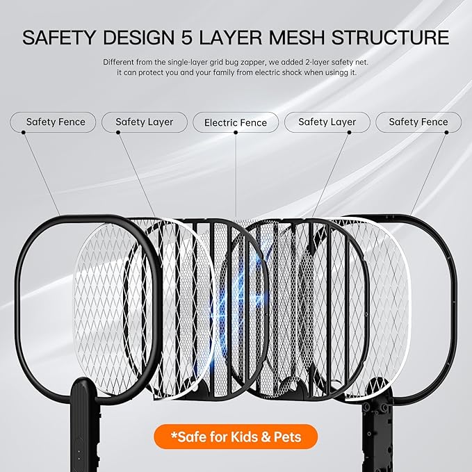 Electric Fly Swatter Bug Zapper: 3500V Mosquito Killer Racket with USB Rechargeable Insect Trap Pest Control Handheld Lightweight 5-Layer Safety Mesh for Indoor Home Office Backyard Patio Camping