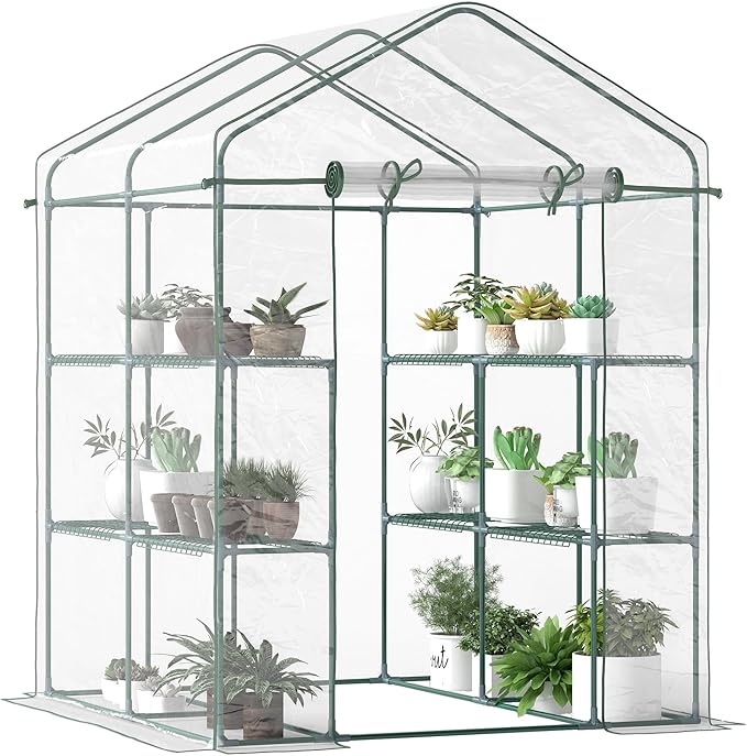 Outsunny 5' x 5' x 6' Mini Walk-in Greenhouse Kit, Portable Green House with 3 Tier Shelves, Roll-Up Door, and Weatherized Plastic Cover for Backyard Garden, Clear