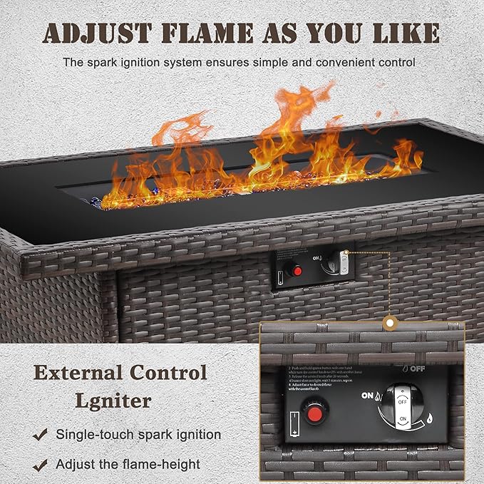 Propane Fire Pit Table,44 Inch 55000 BTU Outdoor Gas Fire Pit Rectangular with Glass Wind Guard for Outside Patio Deck (Brown-Glass Top)