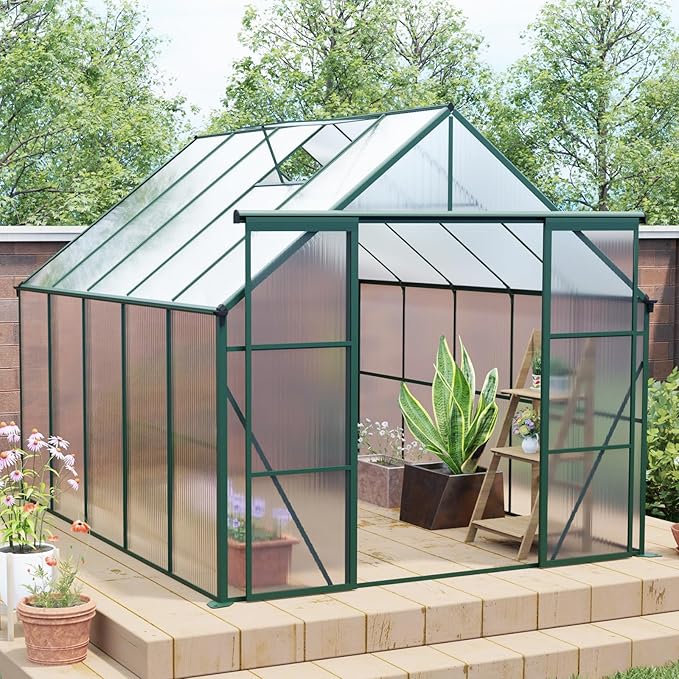 KEIKI 8x10 FT Double Door Polycarbonate Greenhouse with Aluminum Frame,Raised Base and Roof Vent,Walk-in Greenhouses for Patio Garden Backyard