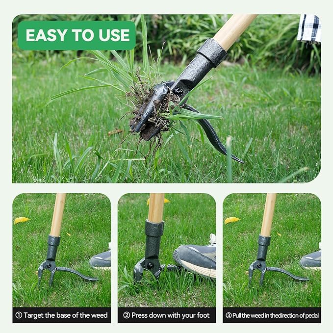 Weed Puller Stand-Up Weed Puller Tool with Long Handle & 4-Claw Steel Head Manual Weed Remover Tool for Lawn and Garden (Bamboo)