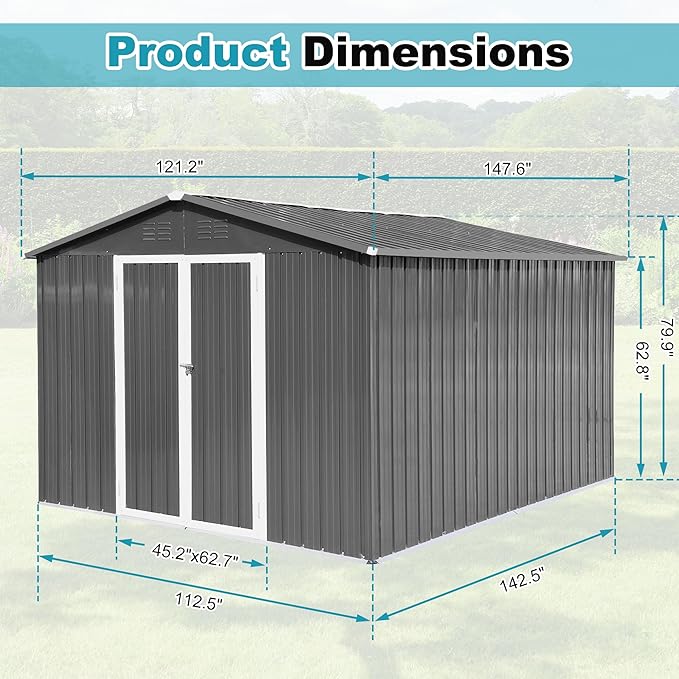 10x12 FT Outdoor Storage Shed, Metal Tool Shed with Lockable Doors & Peaked Roof, Garden Shed with Vented Design for Backyard Garden Patio Lawn, Gray