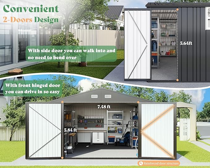 AMERLIFE 10x21x7.3 FT Outdoor Metal Garage Shed, Extra Large Storage Shed with Double Hinged Doors, 4 Windows, Carport for Car, Midsize SUV and Lawn Equipment, Dark Gray