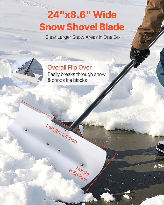 VEVOR Snow Pusher, 24 inch Wide Push Snow Shovel Plow for Driveway, Sidewalks and Doorways with Segmented Handle, Ergonomic Grip and HDPE Plastic Blade