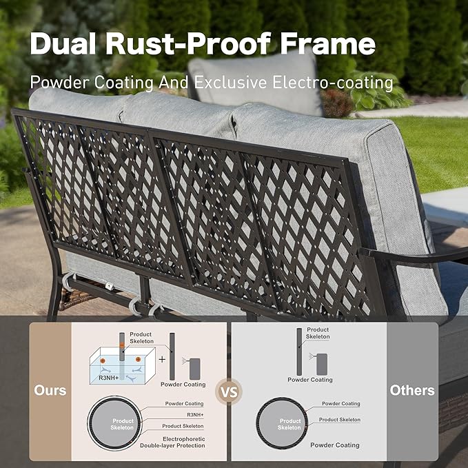 4 Piece Black Metal Outdoor Patio Furniture Sets with Firepit Table, Patio Conversation Sets 1 3-Seater Sofa, 2 Swivel Sofa with 5.75" Thick Cushion Backyard Furniture for Deck, Gray