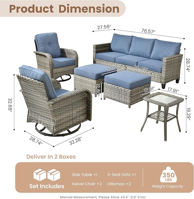 HOOOWOOO Outdoor Patio Furniture Set,6 Pieces Wicker Conversation Set,All Weather Couch Set with Swivel Chairs Ottoman Side Table 7 Seaters for Out Door Yard(Denim Blue)