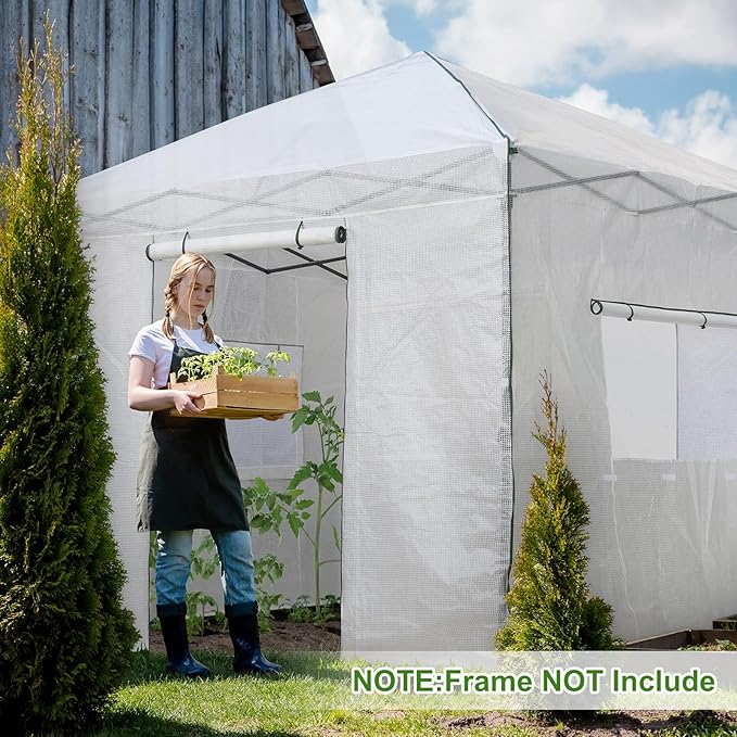 EAGLE PEAK Replacement Cover for 10x10 Portable Walk-in Pop up Greenhouse, Front Roll-Up Zipper Entry Door and 2 Large Roll-Up Side Windows (Frame Not Included), White