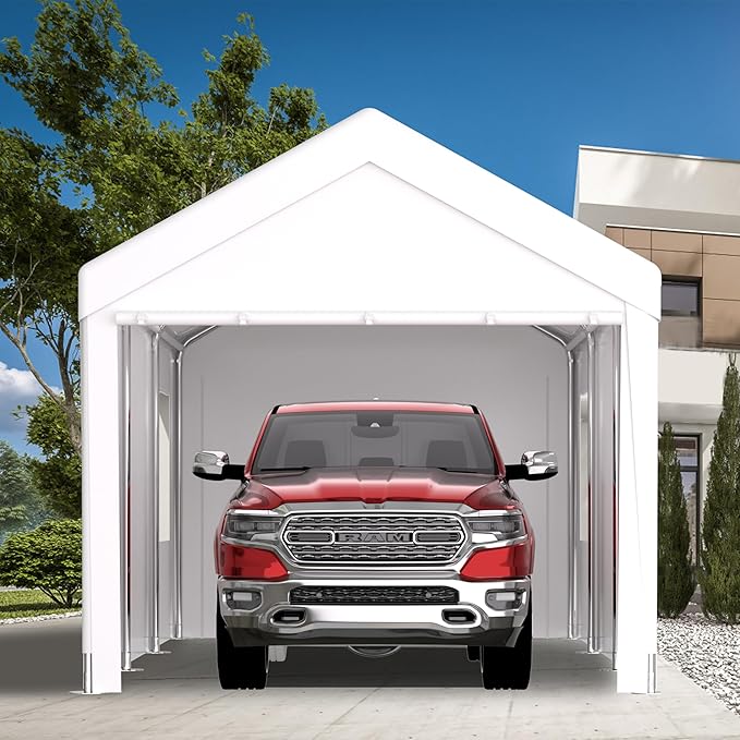 Carport 12x20 Ft Heavy Dut Car Port Canopy, Portable Garage with Removable Sidewalls & Doors for Car, Truck, Boat, Garden Tools (White)