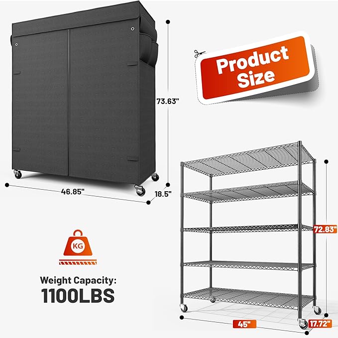REIBII 45''W Storage Shelves Waterproof Metal Shelving Cover Dustproof Wire Shelving Unit Covers Garage Storage Rack Wire Shelf for Kitchen Pantry Office College, 45Wx17.72Dx72.83H